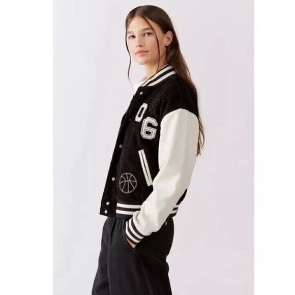 Urban Outfitters BDG Black Embroidered Corduroy Torrence Varsity Jacket Sz XS - Picture 2 of 13